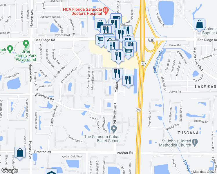map of restaurants, bars, coffee shops, grocery stores, and more near 4376 Madeira Court in Sarasota