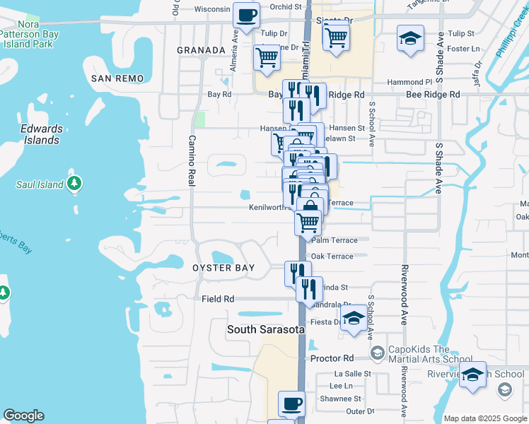 map of restaurants, bars, coffee shops, grocery stores, and more near 1816 Kenilworth Street in Sarasota