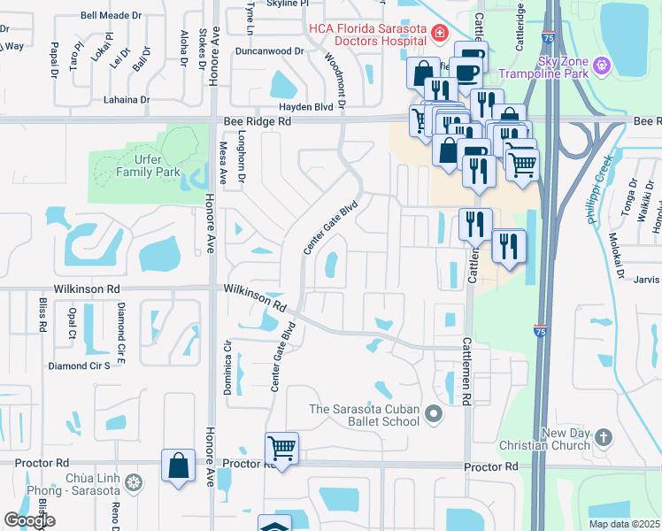 map of restaurants, bars, coffee shops, grocery stores, and more near 4152 Bowling Green Circle in Sarasota