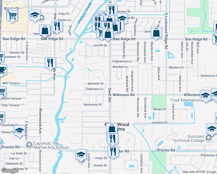 map of restaurants, bars, coffee shops, grocery stores, and more near 2729 Oakmere Lane in Sarasota