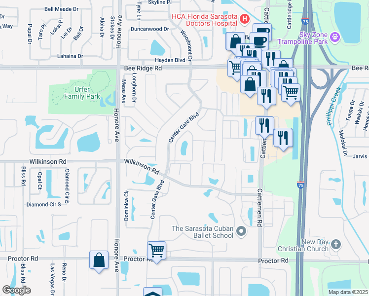 map of restaurants, bars, coffee shops, grocery stores, and more near 4152 Bowling Green Circle in Sarasota