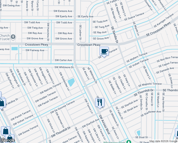 map of restaurants, bars, coffee shops, grocery stores, and more near 1633 Southeast Aires Lane in Port St. Lucie