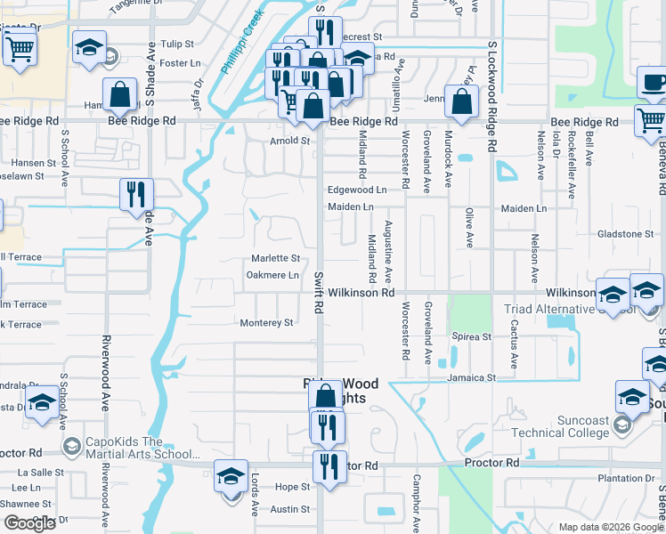 map of restaurants, bars, coffee shops, grocery stores, and more near 2816 Marlette Street in Sarasota