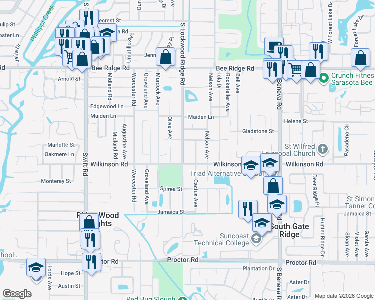 map of restaurants, bars, coffee shops, grocery stores, and more near 4340 South Lockwood Ridge Road in Sarasota