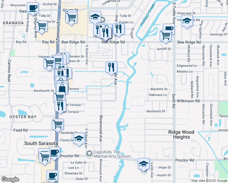 map of restaurants, bars, coffee shops, grocery stores, and more near 2393 Aubrey Lane in Sarasota