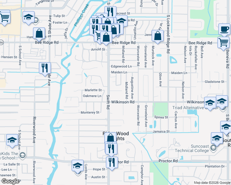 map of restaurants, bars, coffee shops, grocery stores, and more near 2816 Marlette Street in Sarasota