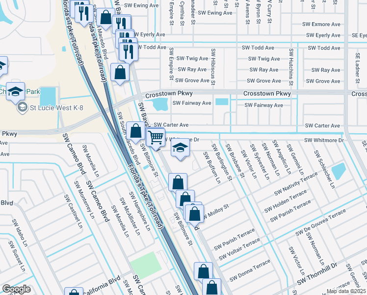 map of restaurants, bars, coffee shops, grocery stores, and more near 549 Southwest Nautical Avenue in Port St. Lucie