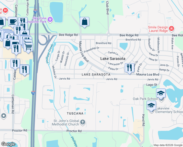 map of restaurants, bars, coffee shops, grocery stores, and more near 4330 Jarvis Way in Sarasota