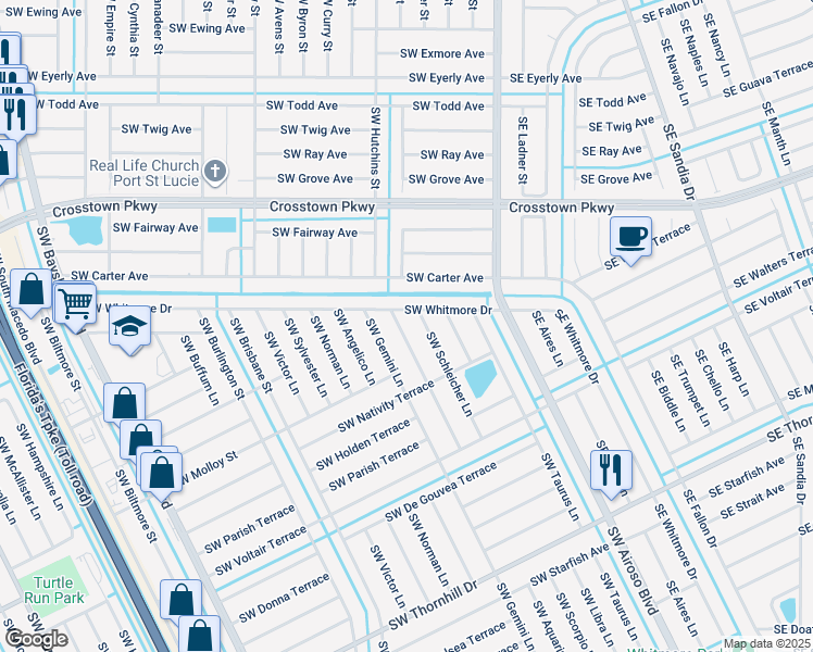 map of restaurants, bars, coffee shops, grocery stores, and more near 1617 Southwest Tivan Lane in Port St. Lucie
