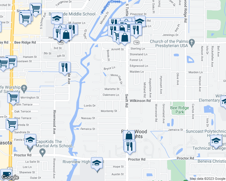 map of restaurants, bars, coffee shops, grocery stores, and more near 2665 Oakmere Lane in Sarasota