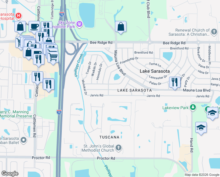 map of restaurants, bars, coffee shops, grocery stores, and more near 4243 Lanai Drive in Sarasota