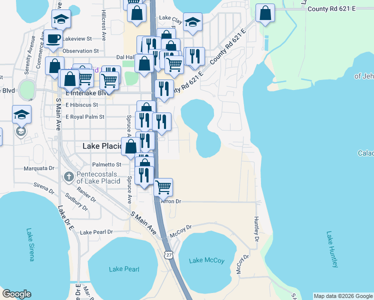 map of restaurants, bars, coffee shops, grocery stores, and more near 512 Lake Saddlebags Drive in Lake Placid