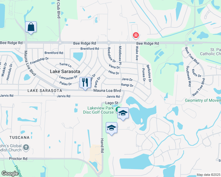 map of restaurants, bars, coffee shops, grocery stores, and more near 7138 Mauna Loa Boulevard in Sarasota