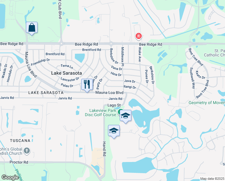 map of restaurants, bars, coffee shops, grocery stores, and more near 7138 Mauna Loa Boulevard in Sarasota