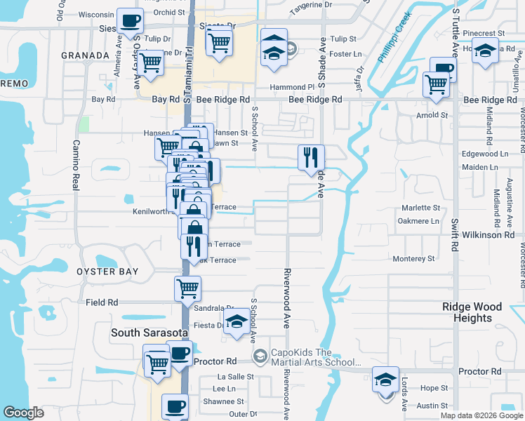 map of restaurants, bars, coffee shops, grocery stores, and more near 2259 Worrington Street in Sarasota
