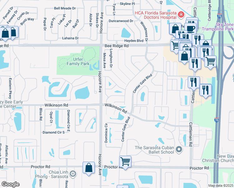 map of restaurants, bars, coffee shops, grocery stores, and more near 5371 Crestlake Boulevard in Sarasota