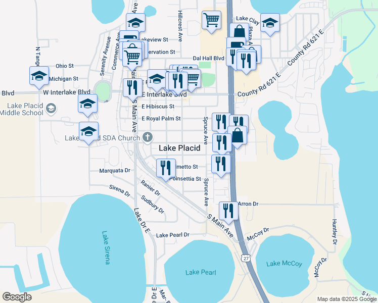 map of restaurants, bars, coffee shops, grocery stores, and more near 302 Plumosa Street in Lake Placid