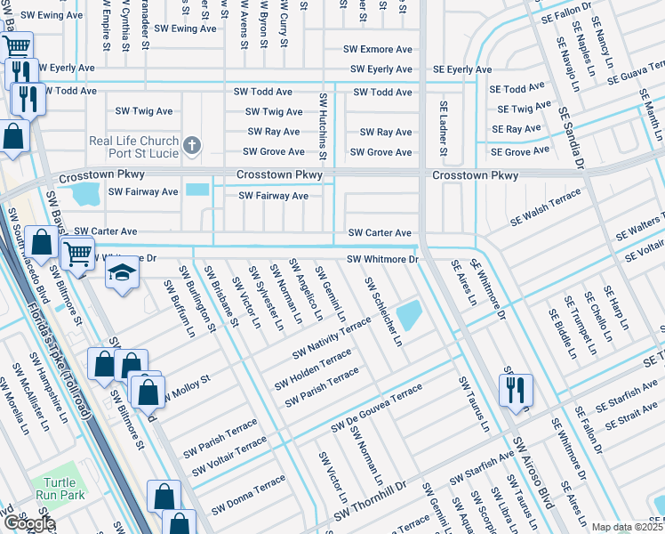 map of restaurants, bars, coffee shops, grocery stores, and more near 1617 Southwest Tivan Lane in Port St. Lucie