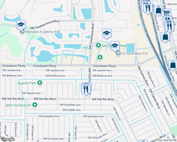 map of restaurants, bars, coffee shops, grocery stores, and more near 1638 Southwest Cashmere Boulevard in Port St. Lucie