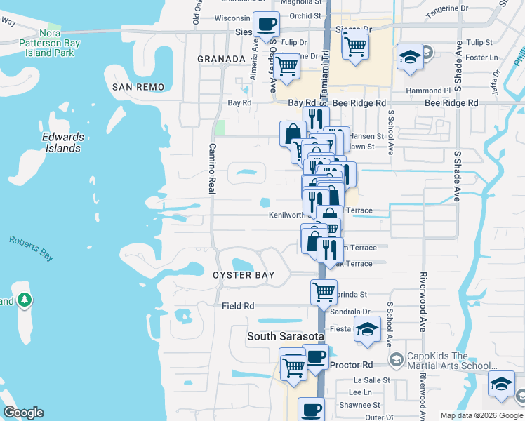 map of restaurants, bars, coffee shops, grocery stores, and more near 1706 Kenilworth Street in Sarasota