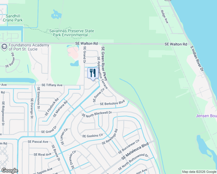 map of restaurants, bars, coffee shops, grocery stores, and more near 1582 Southeast Dome Circle in Port St. Lucie