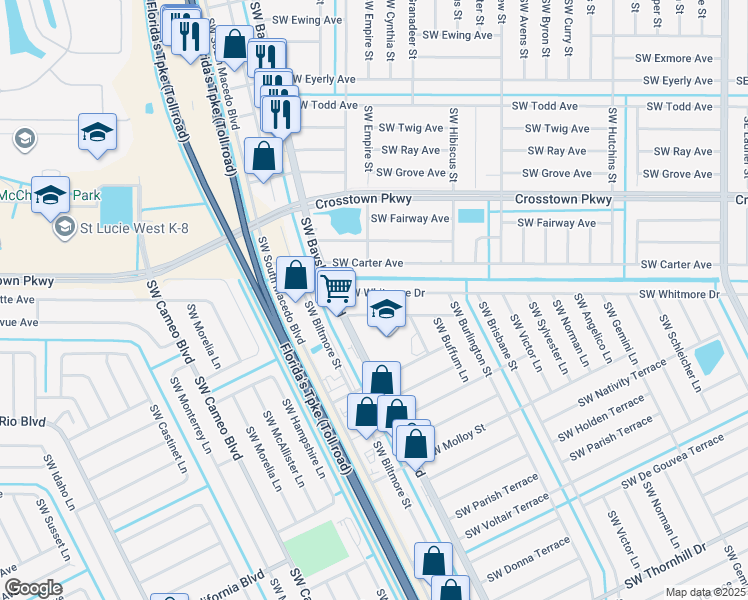 map of restaurants, bars, coffee shops, grocery stores, and more near 549 Southwest Nautical Avenue in Port St. Lucie