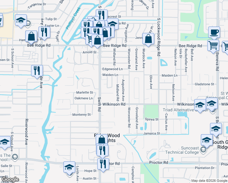 map of restaurants, bars, coffee shops, grocery stores, and more near 4312 Midland Road in Sarasota