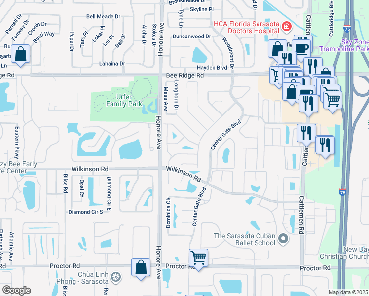 map of restaurants, bars, coffee shops, grocery stores, and more near 5371 Crestlake Boulevard in Sarasota