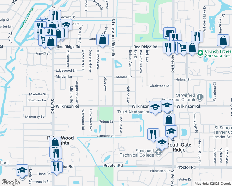 map of restaurants, bars, coffee shops, grocery stores, and more near 4340 South Lockwood Ridge Road in Sarasota
