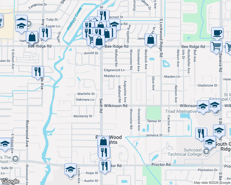map of restaurants, bars, coffee shops, grocery stores, and more near 4312 Midland Road in Sarasota