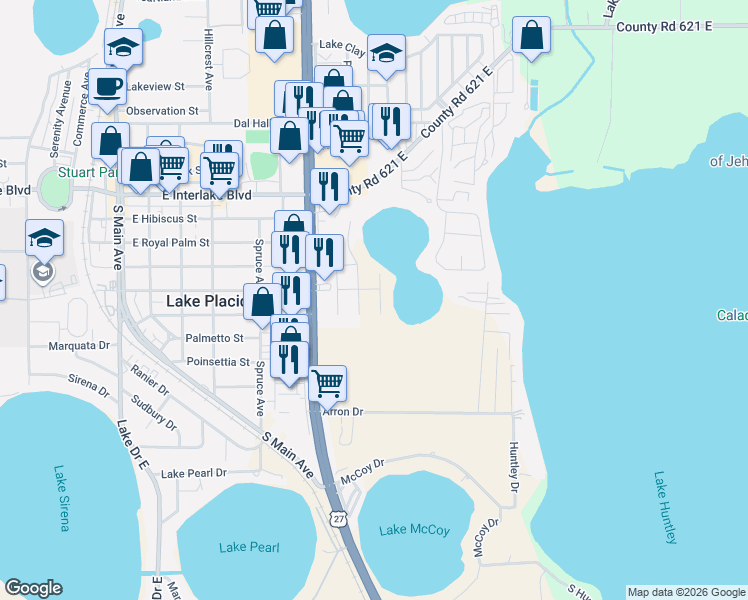 map of restaurants, bars, coffee shops, grocery stores, and more near 512 Lake Saddlebags Drive in Lake Placid