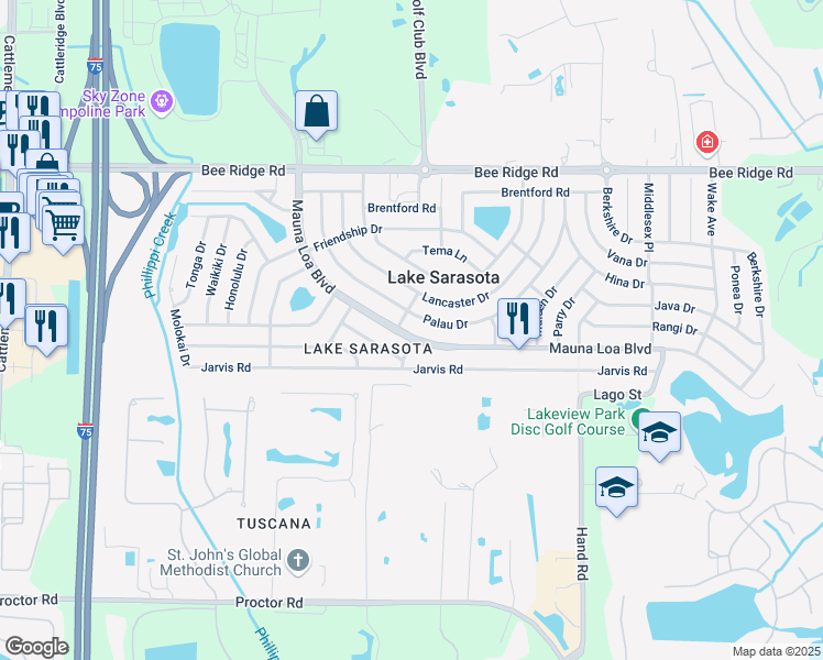 map of restaurants, bars, coffee shops, grocery stores, and more near 6812 Mauna Loa Boulevard in Sarasota