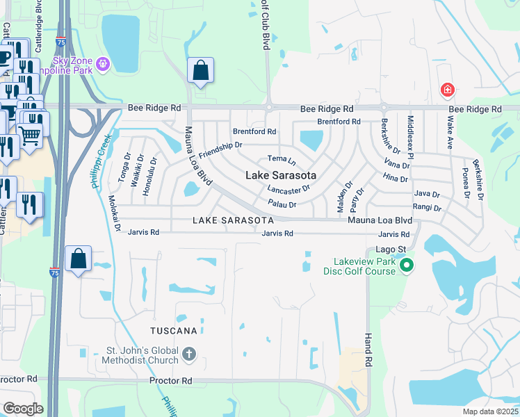 map of restaurants, bars, coffee shops, grocery stores, and more near 6812 Mauna Loa Boulevard in Sarasota