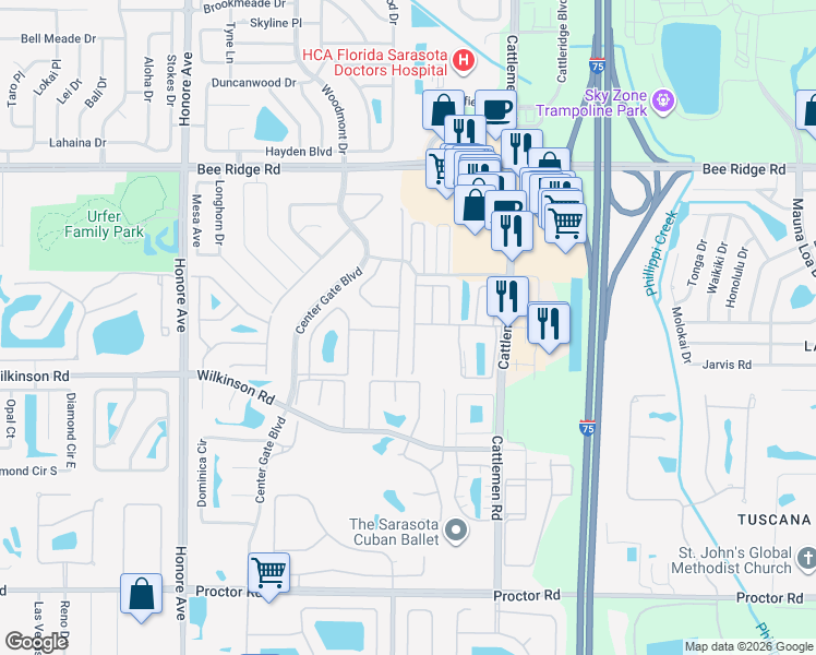 map of restaurants, bars, coffee shops, grocery stores, and more near 4263 Marseilles Avenue in Sarasota