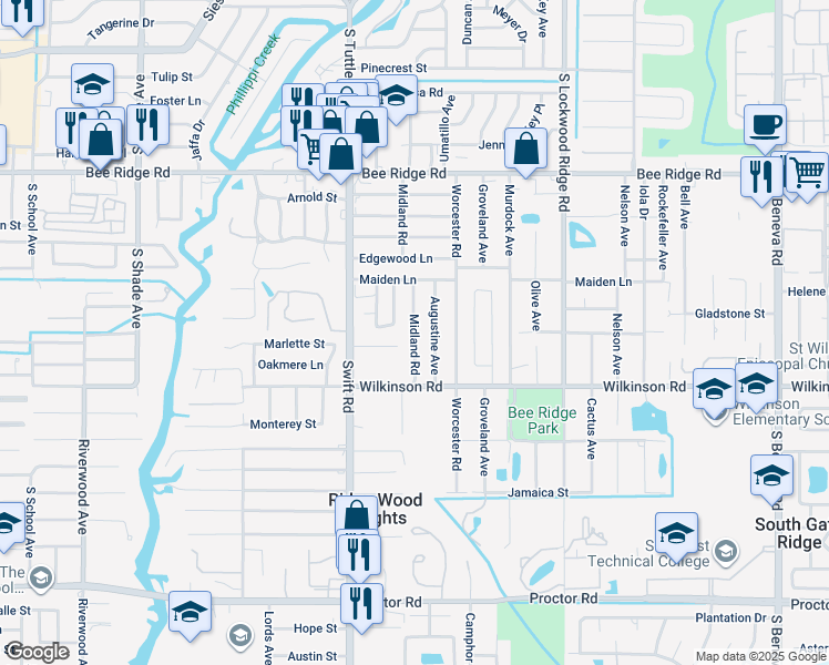 map of restaurants, bars, coffee shops, grocery stores, and more near 4222 Midland Road in Sarasota