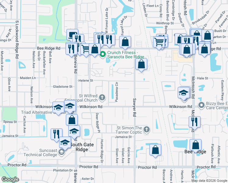map of restaurants, bars, coffee shops, grocery stores, and more near 4225 Pasadena Circle in Sarasota
