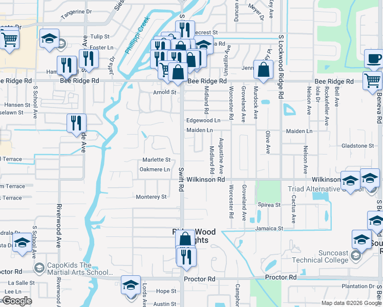 map of restaurants, bars, coffee shops, grocery stores, and more near 2840 West Rainbow Circle in Sarasota