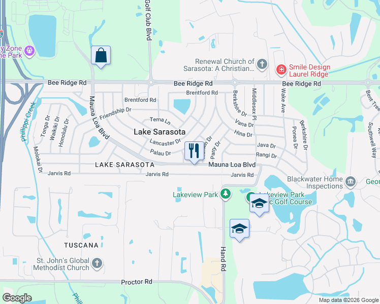 map of restaurants, bars, coffee shops, grocery stores, and more near 4036 Palau Drive in Sarasota