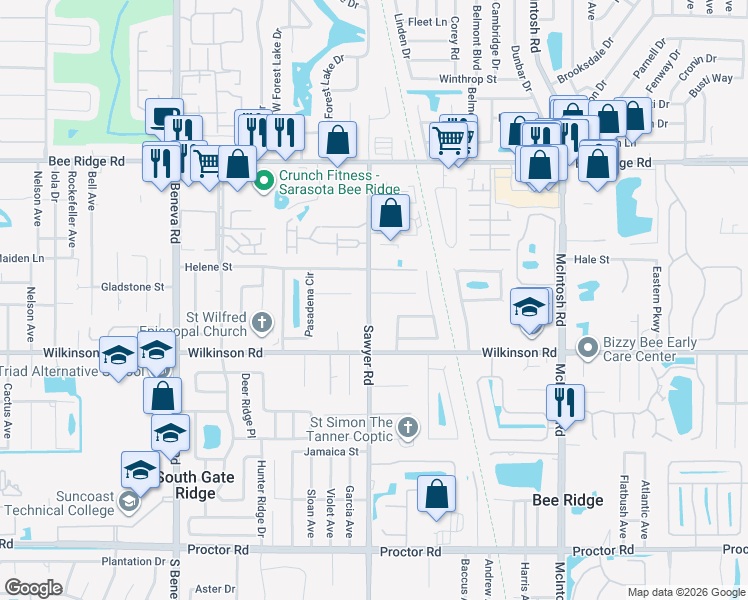 map of restaurants, bars, coffee shops, grocery stores, and more near 4329 Pasadena Court in Sarasota