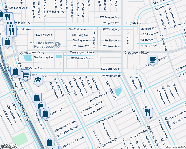 map of restaurants, bars, coffee shops, grocery stores, and more near 257 Southwest Whitmore Drive in Port St. Lucie