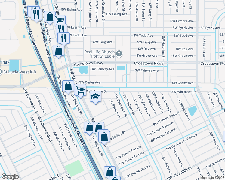 map of restaurants, bars, coffee shops, grocery stores, and more near 474 Southwest Carter Avenue in Port St. Lucie