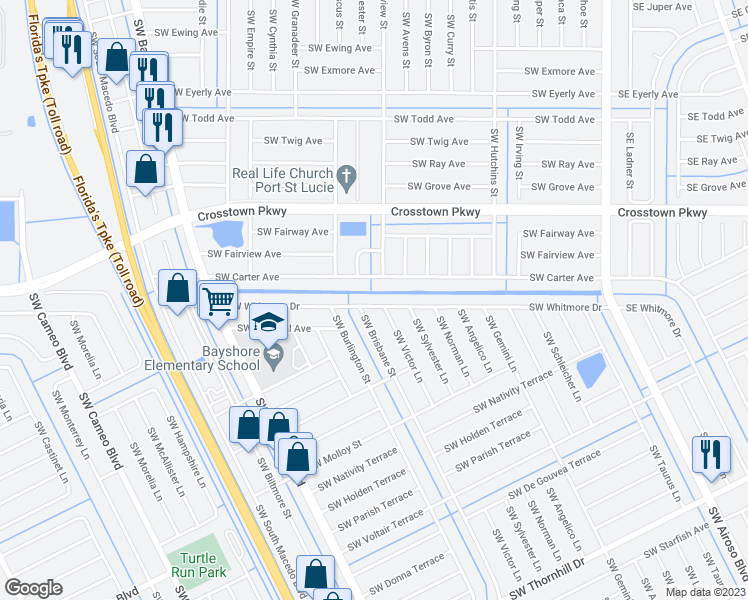 map of restaurants, bars, coffee shops, grocery stores, and more near 409 Southwest Whitmore Drive in Port St. Lucie