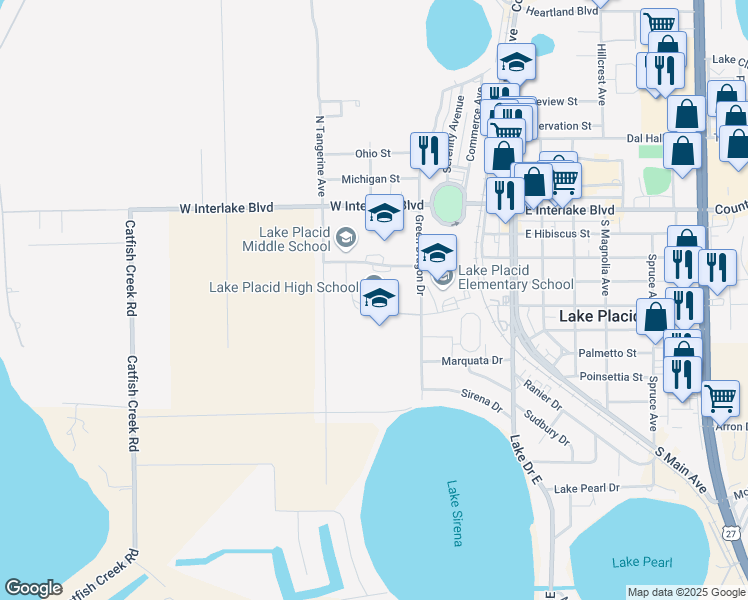map of restaurants, bars, coffee shops, grocery stores, and more near 202 Green Dragon Drive in Lake Placid