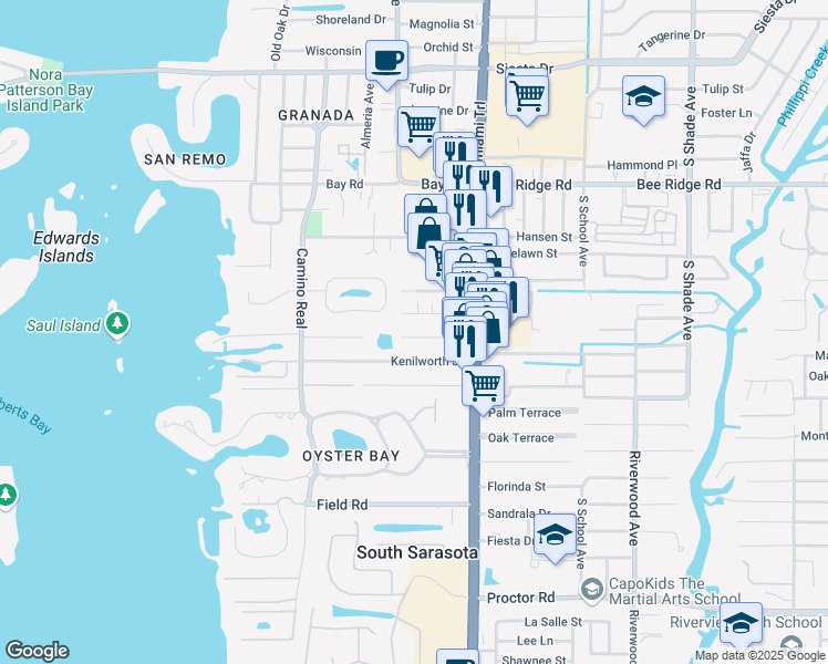 map of restaurants, bars, coffee shops, grocery stores, and more near 1814 Robinhood Street in Sarasota