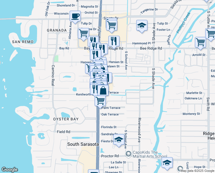 map of restaurants, bars, coffee shops, grocery stores, and more near 4149 South Tamiami Trail in Sarasota