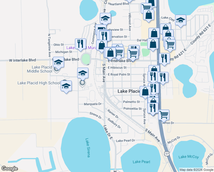 map of restaurants, bars, coffee shops, grocery stores, and more near 8 E Washingtonia St in Lake Placid