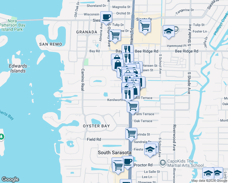 map of restaurants, bars, coffee shops, grocery stores, and more near 1817 Ivanhoe Street in Sarasota