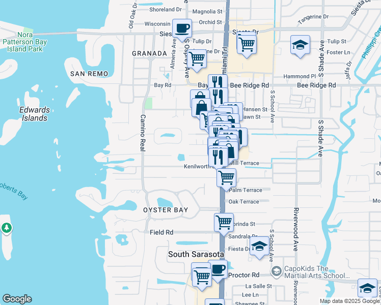 map of restaurants, bars, coffee shops, grocery stores, and more near 1814 Robinhood Street in Sarasota