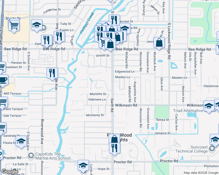 map of restaurants, bars, coffee shops, grocery stores, and more near 2784 Moss Oak Drive in Sarasota