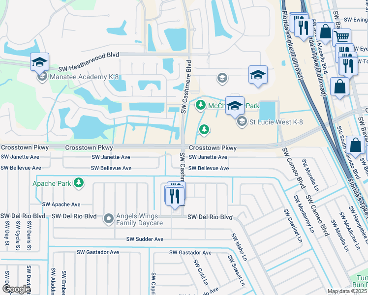 map of restaurants, bars, coffee shops, grocery stores, and more near 1501 Southwest Cashmere Boulevard in Port St. Lucie